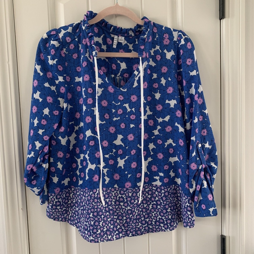 Elle Blue Pink Floral Ruffle Neck Tie Blouse Roll Tab 3/4 Sleeve Top Medium